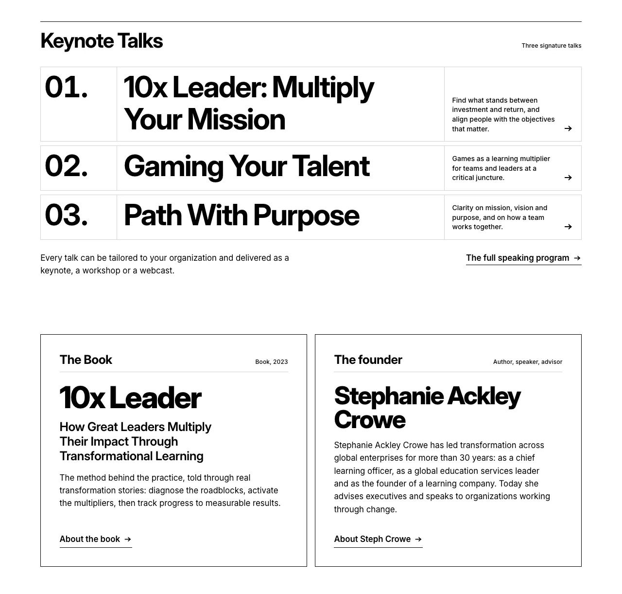 Further down the live Swiss poster home page: the three keynote talks as ruled, numbered rows, then the book and the founder in outlined boxes.